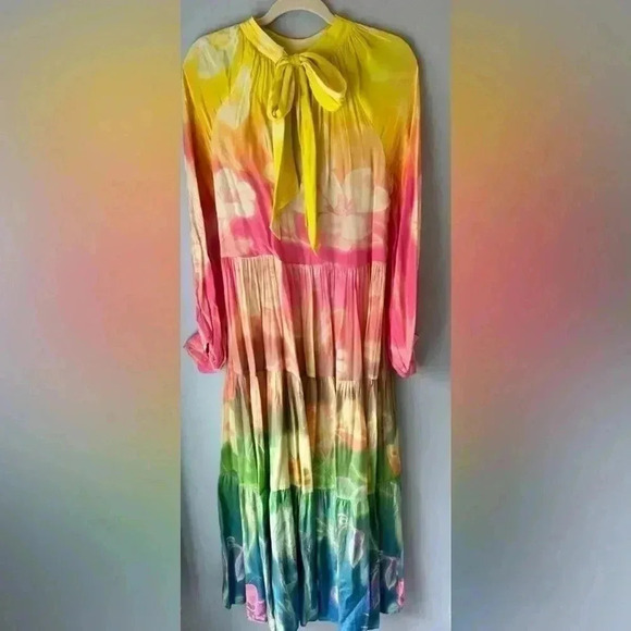 Siddhartha Bansal Tie-Neck Maxi Dress Anthropologie Rainbow Tiered Watercolor S - Picture 14 of 15